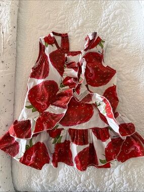 Monnalisa Girl Red Strawberry Print Ruffle Dress 36m 3T